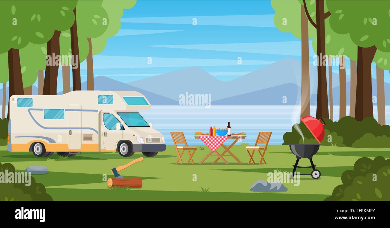 Camper with barbecue folding table deckchair Stock Vector