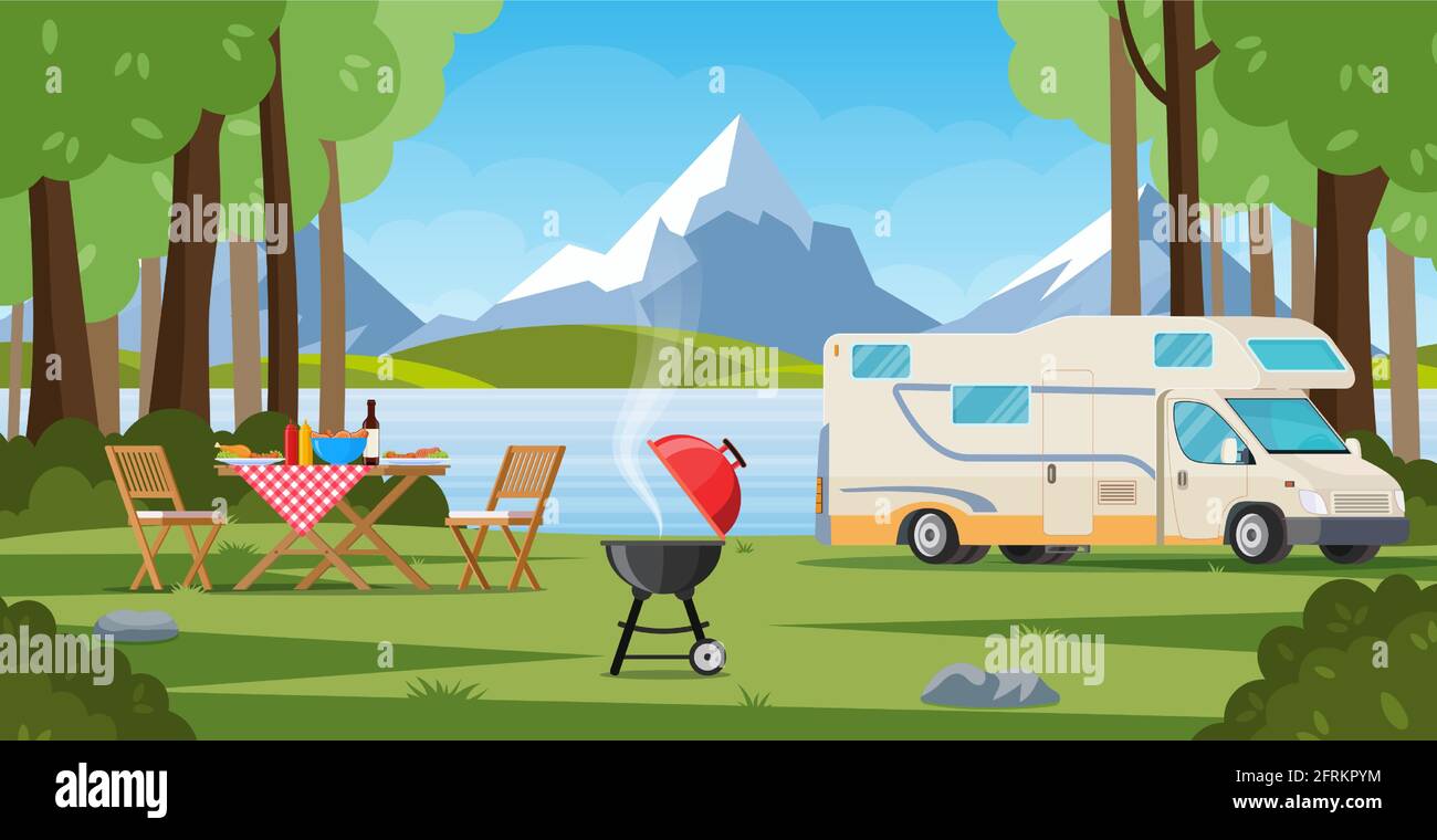 Camper with barbecue folding table deckchair Stock Vector