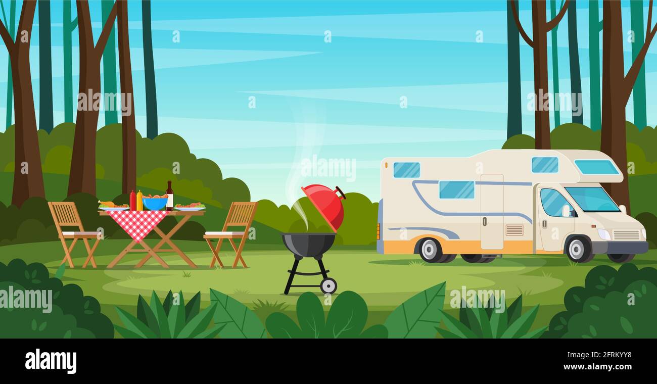 Camper with barbecue folding table deckchair Stock Vector