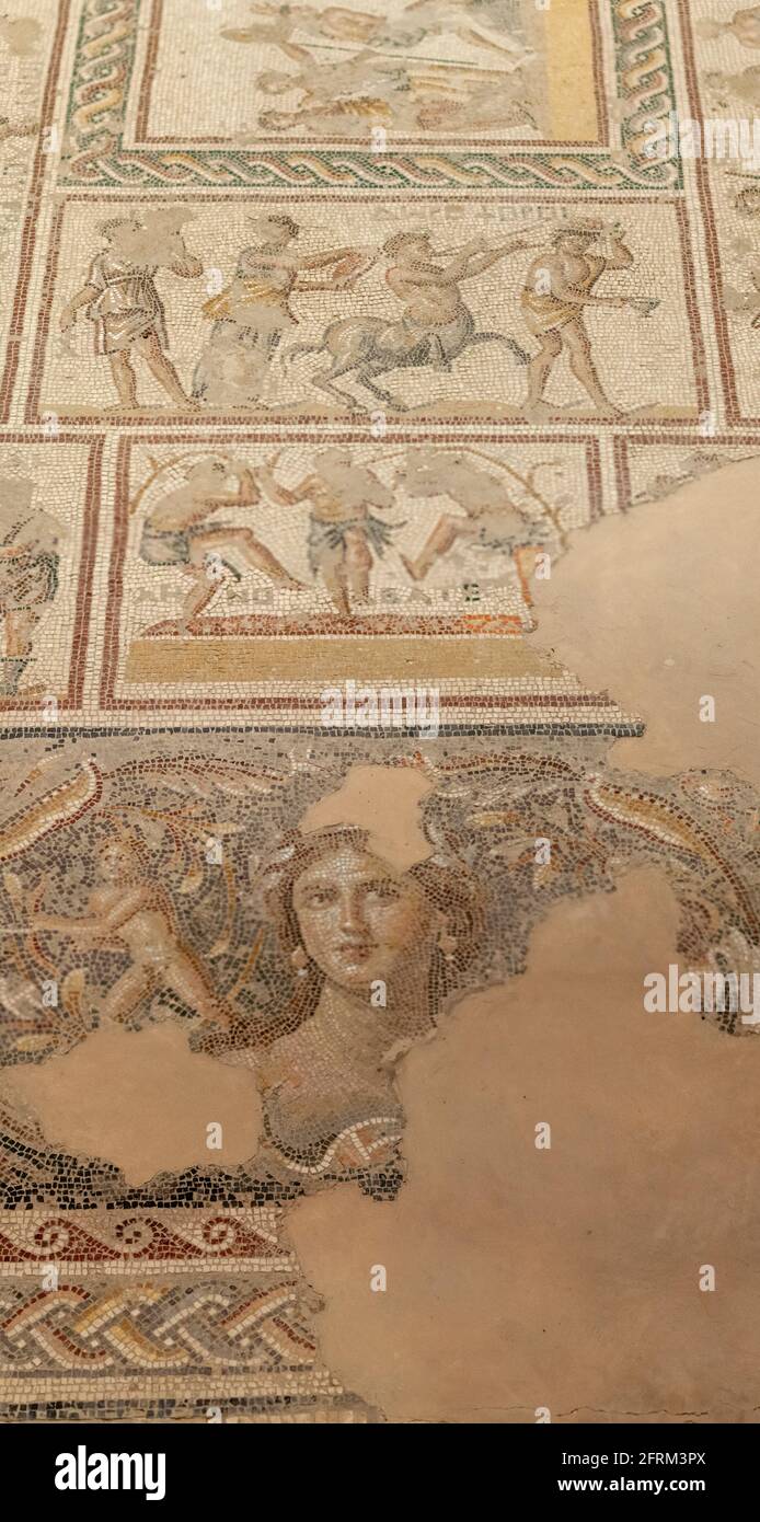 Details of scenes from The Wedding of Dionysus and Ariadne AKA Dionysus Mosaic, Mosaic floor of the Roman Villa that also contains the 'Mona Lisa of t Stock Photo