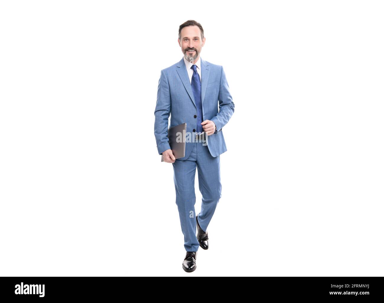 online office in hand. professional network administrator hold computer. boss walk with laptop. Stock Photo