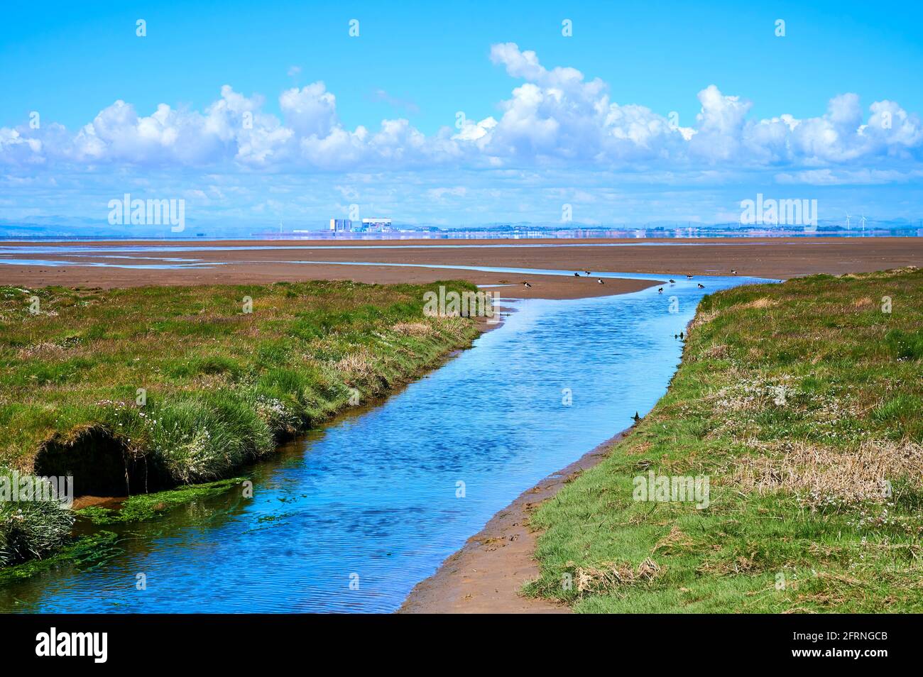 Heysham nuclear power station across Morecambe Bay from Preesall and Pilling Sands Stock Photo
