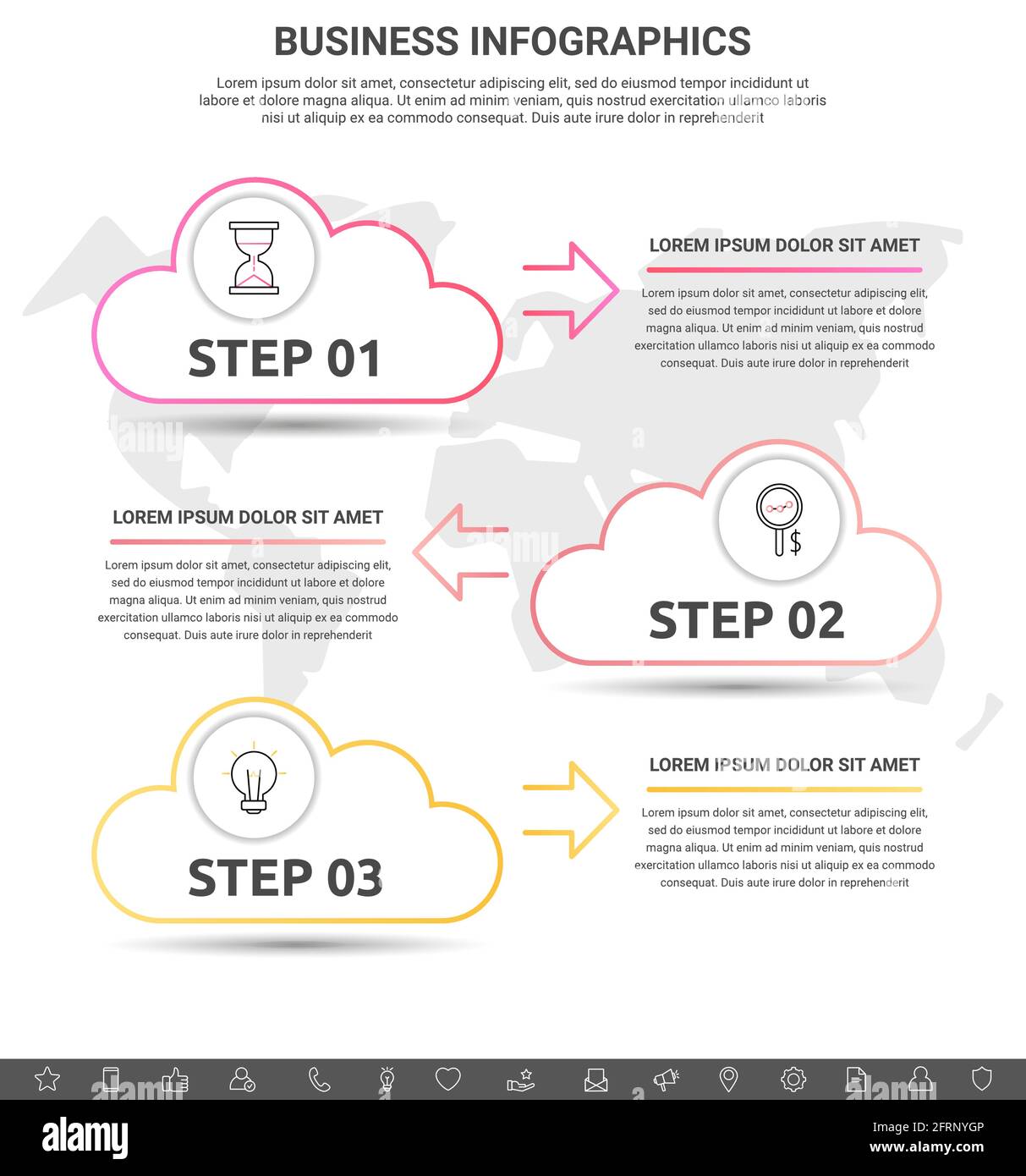 Infographic clouds with arrows. Vector line business concept of 3 steps, icons. Template with three ways for diagram, web, banner, presentations Stock Vector