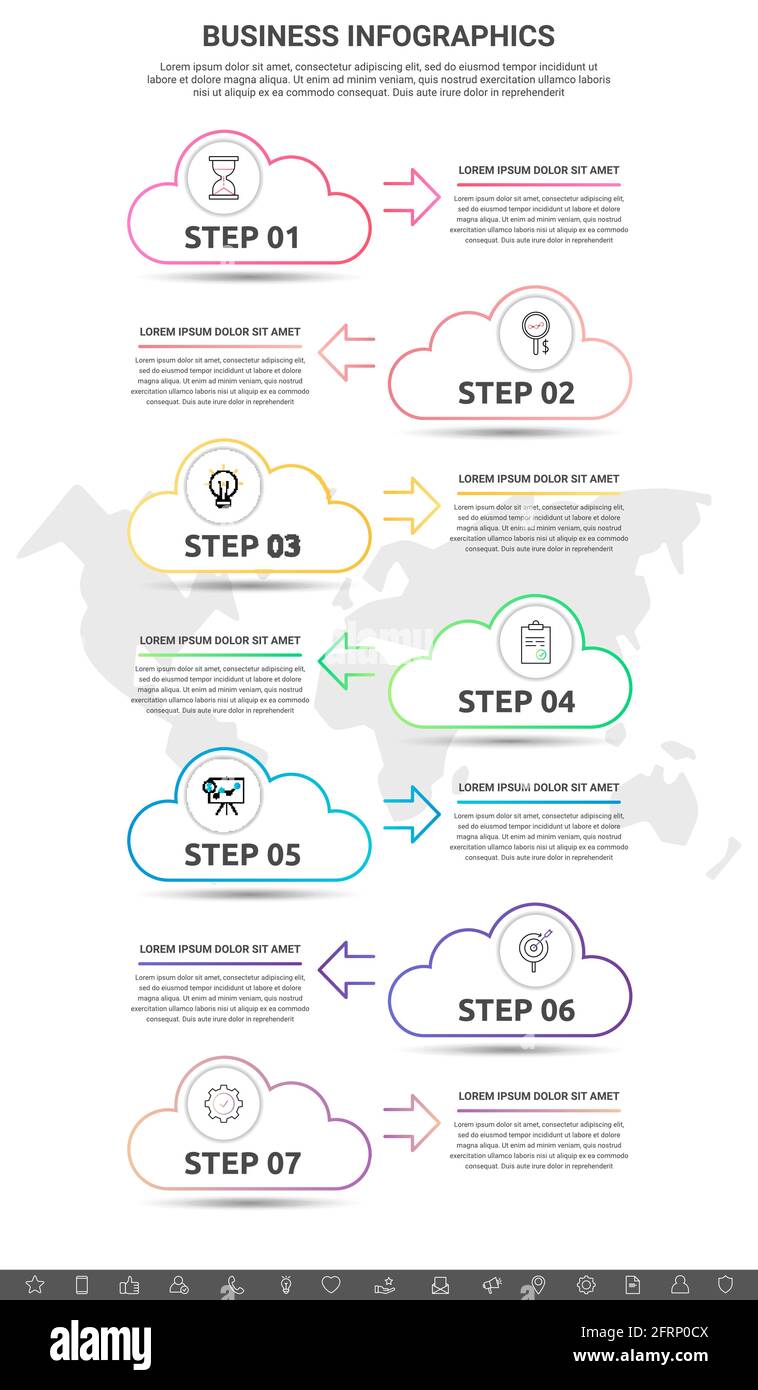 Infographic clouds with arrows. Vector line business concept of 7 steps, icons. Template with seven ways for diagram, presentations, flowchart Stock Vector