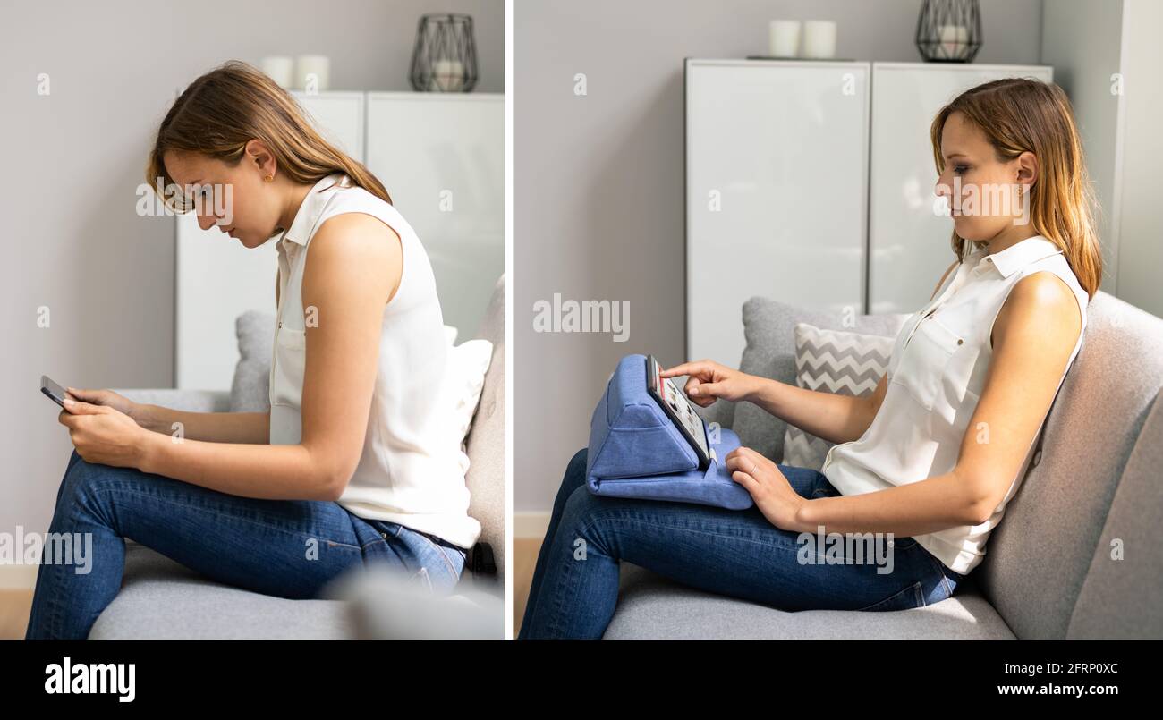 Before After Neck Pain Posture Using Tablet Stock Photo Alamy