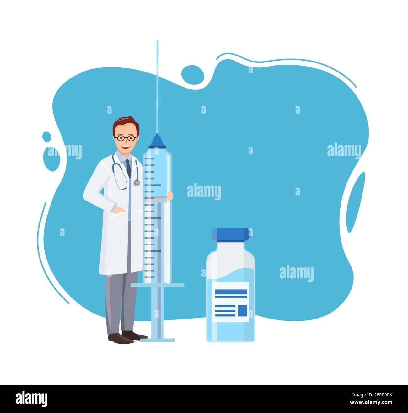 Concept Immunization schedule.  Vaccination campaign. Doctor holding  large syringe and injection bottle. Vector illustration in flat style. Stock Vector