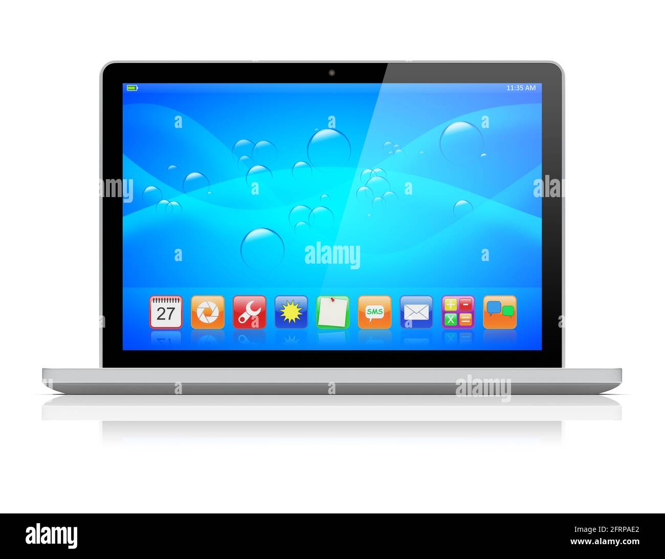 Laptop with a blue background and colorful apps on a screen. Isolated ...