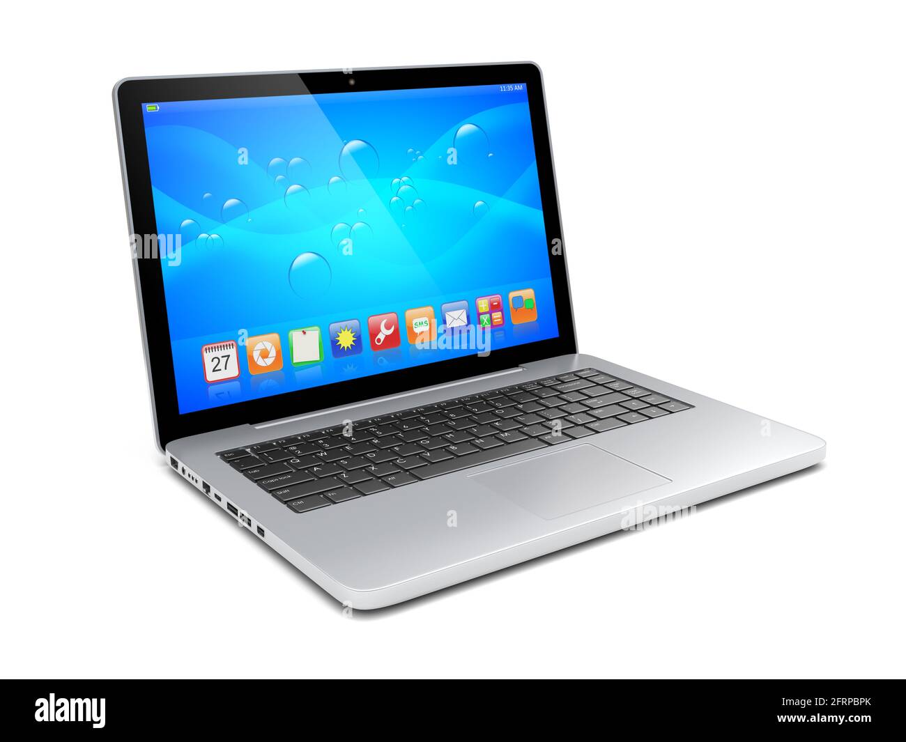 Laptop with a blue background and colorful apps on a screen. Isolated ...