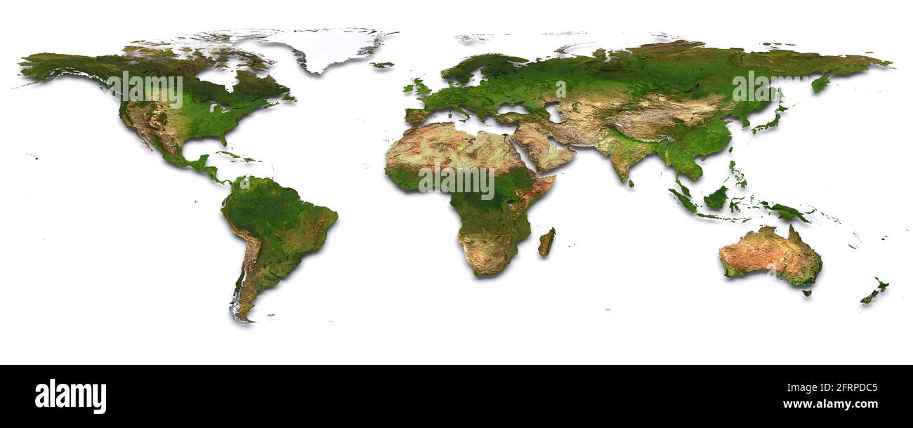 World map with topography. 3d image. The Earth texture of this image furnished by NASA. (http://visibleearth.nasa.gov/view rec.php?id=2430) Stock Photo