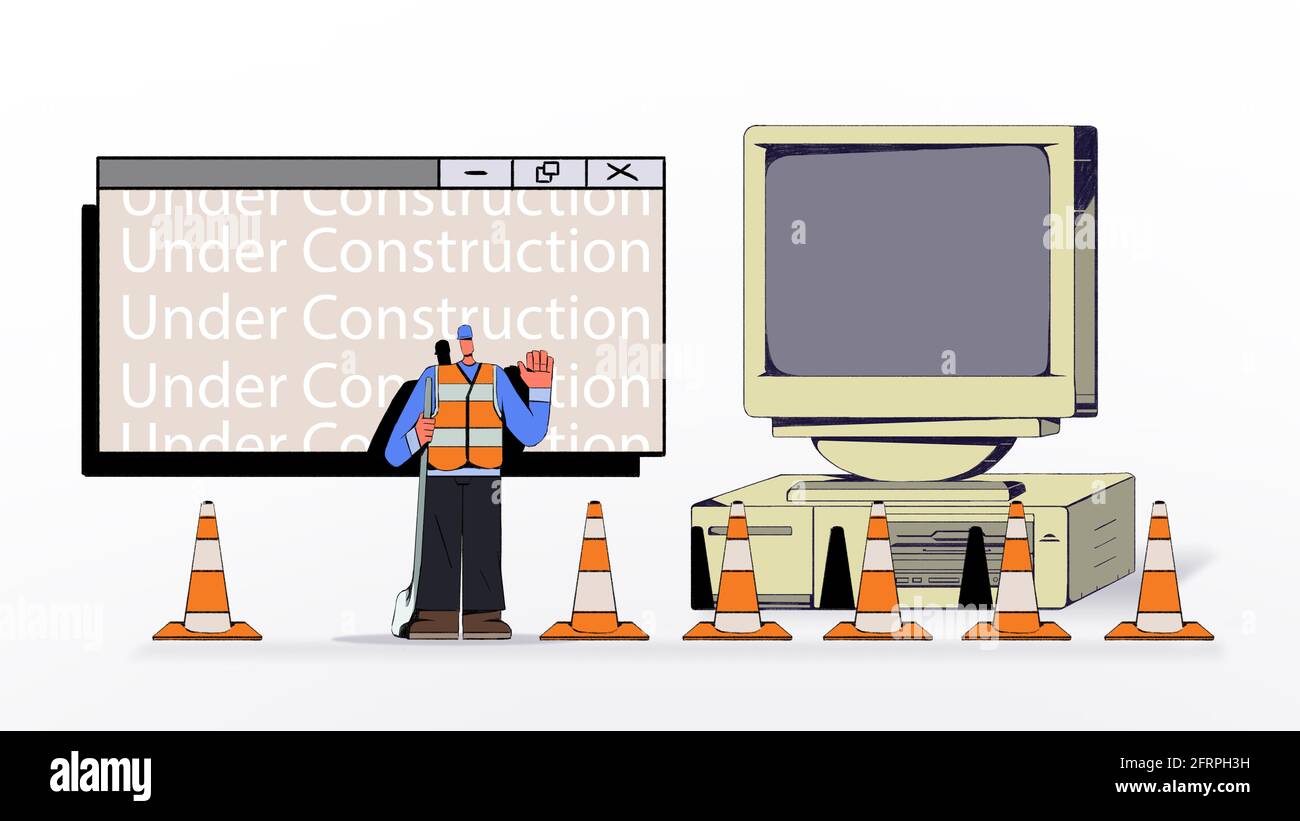 Illustration Concept Under construction page for website with worker and  computer construction Cones with old vintage 90s computer interface. 1990  aes Stock Photo - Alamy