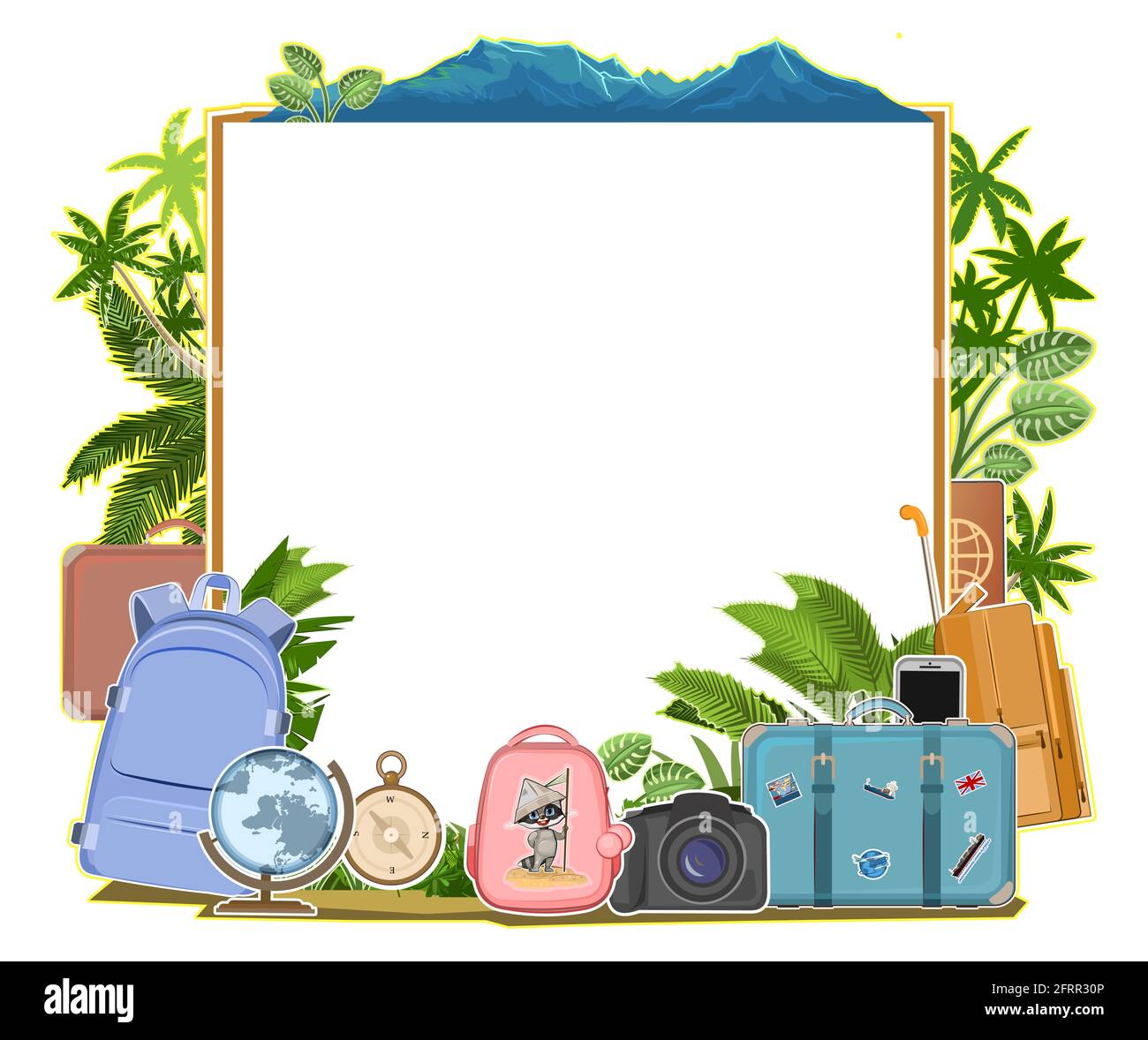 Tourism. Luggage suitcases. Traveling around the world. Design concept. Place for rext. Postcard, banner Isolated. Travel, adventure elements with bag Stock Vector