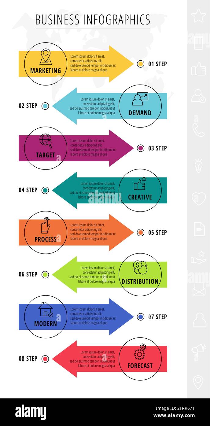 Vector line infographics template for eight colorful arrows and circles ...