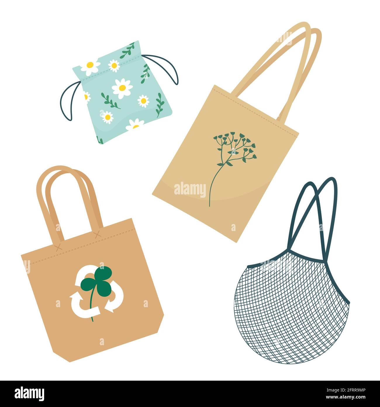 Cotton reusable bags zero waste concept. Vector illustration in flat