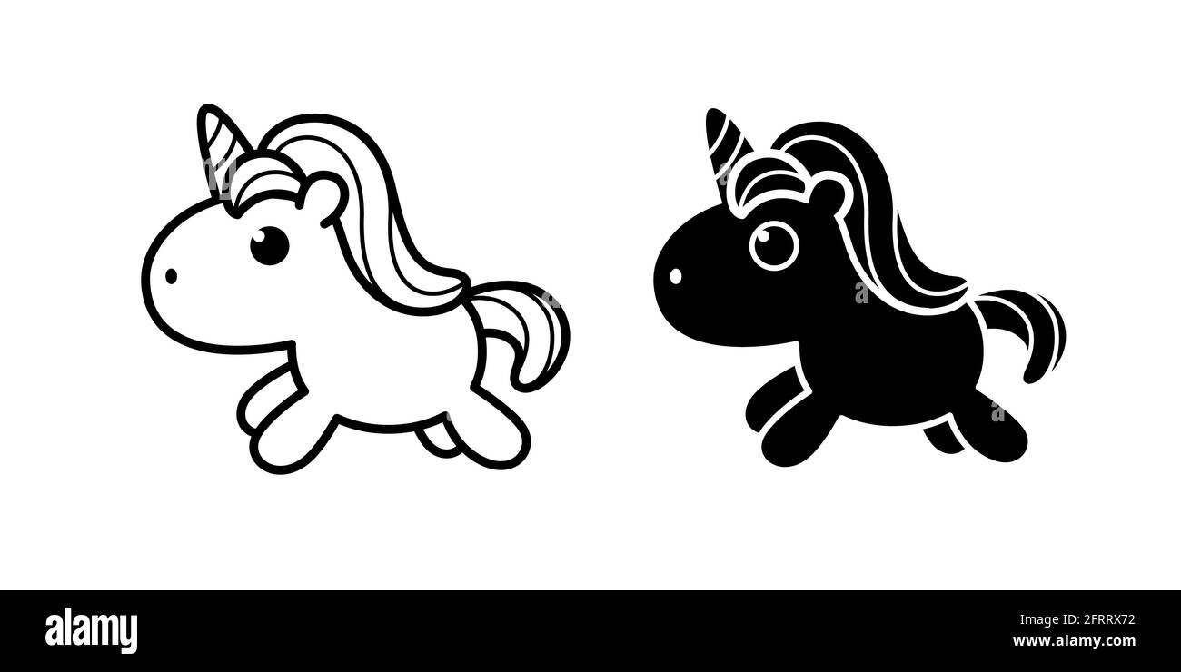 Cute pony unicorn in flat black and white doodle styles. Cute doodle vector illustration. Stock Vector