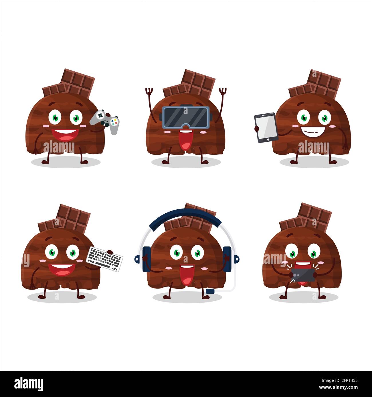 Chocolate ice cream scoops cartoon character are playing games with various cute emoticons. Vector illustration Stock Vector