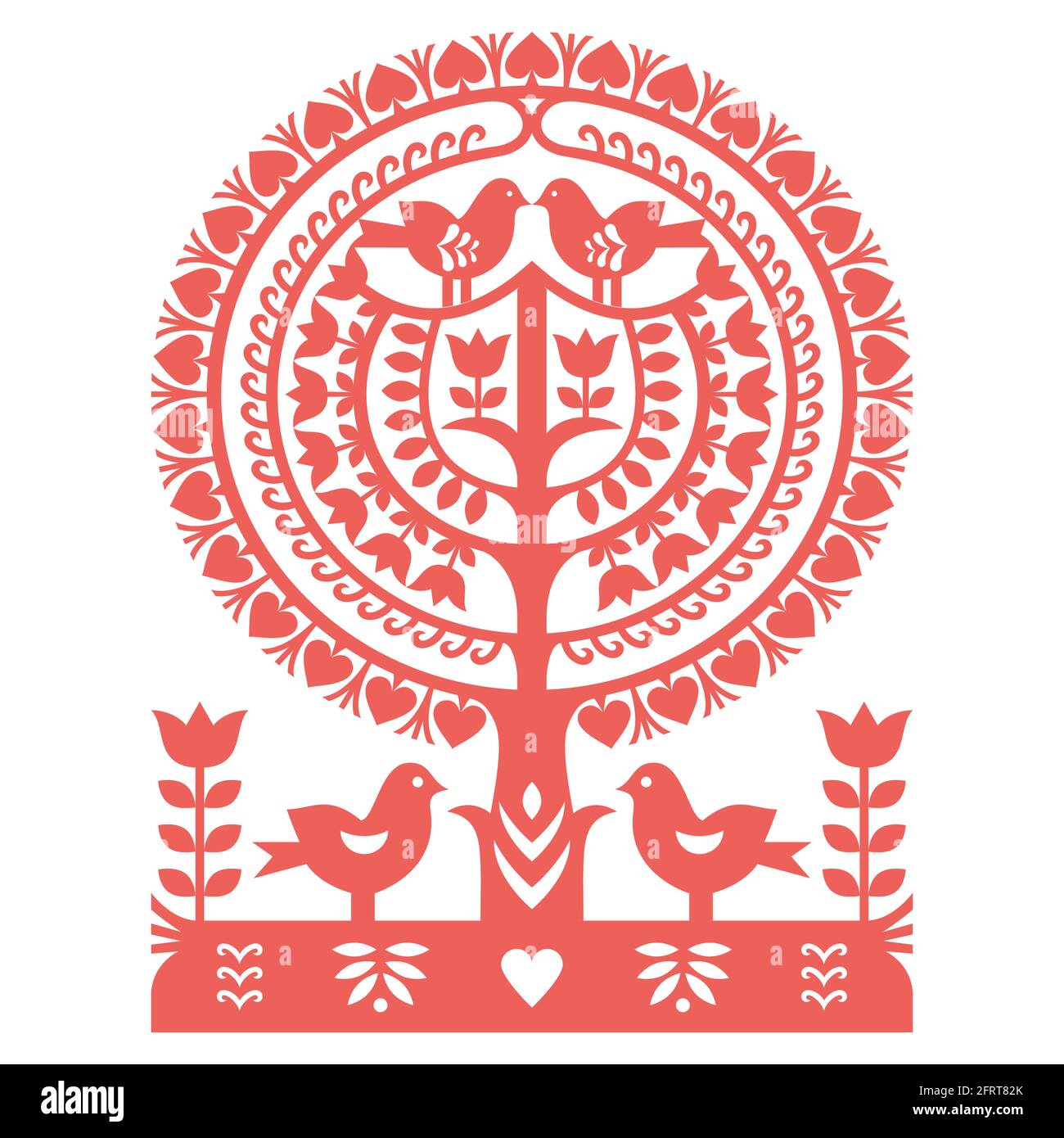 Polish folk art vector pattern Wycinanki Kurpiowskie - Kurpie Papercuts with birds, tree and flowers Stock Vector