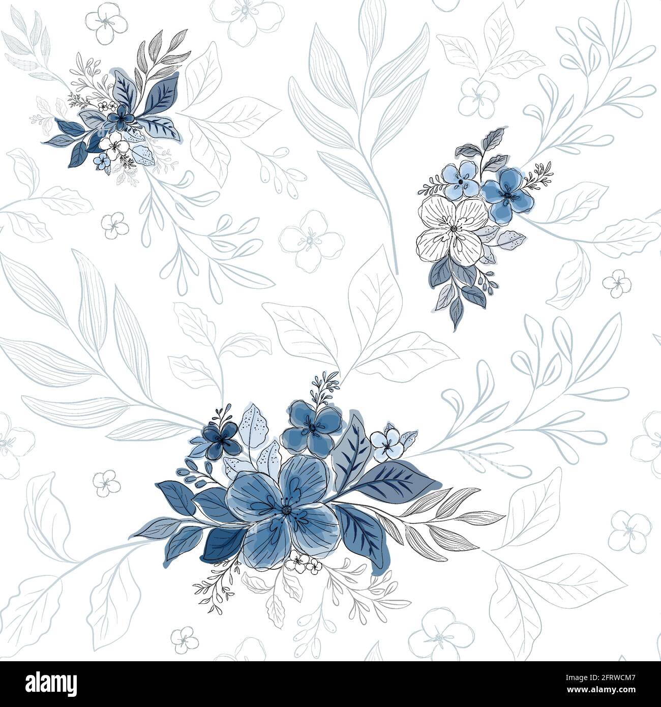 Seamless pattern with beautiful blue floral watercolor style on white background. The other 2 color swatches included. Stock Vector