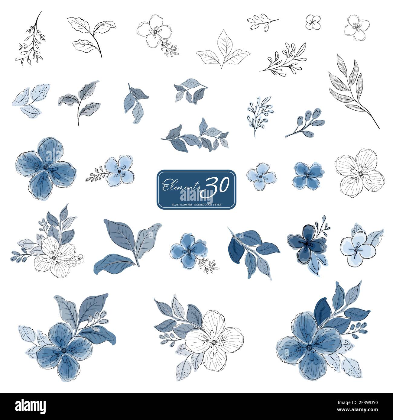 Set of blue flowers and leaves watercolor style elements. Illustrations hand-drawn isolated on a white background. Stock Vector