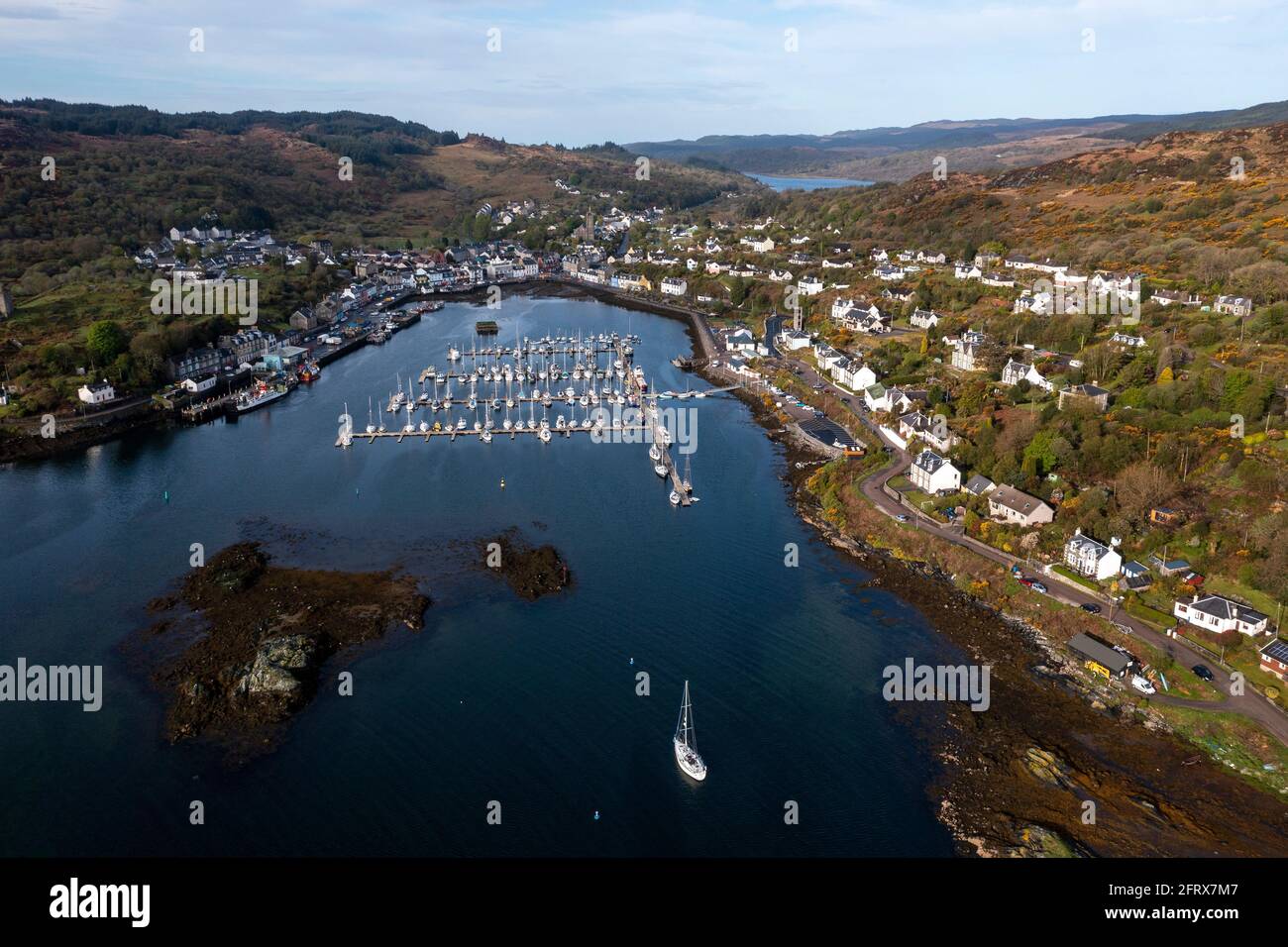 Aerial view of Tarbert harbour, Kintyre peninsula, Argyll, Scotland. Stock Photo