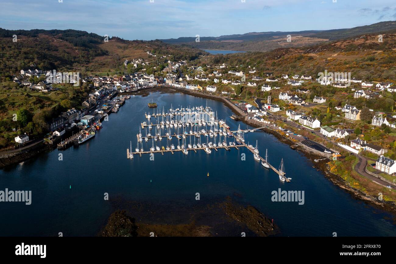 Aerial view of Tarbert harbour, Kintyre peninsula, Argyll, Scotland. Stock Photo