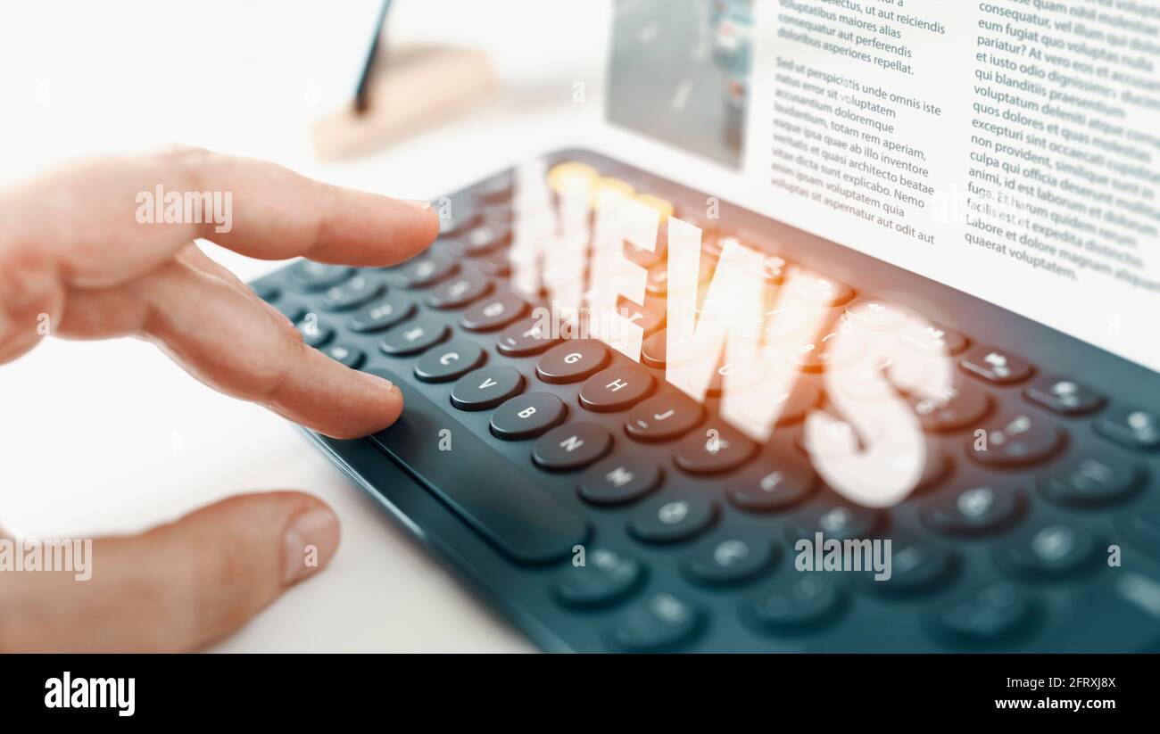 Holographic online breaking news concept: Man hand touching computer key on keyboard. Global communication media, broadcast concept. Stock Photo