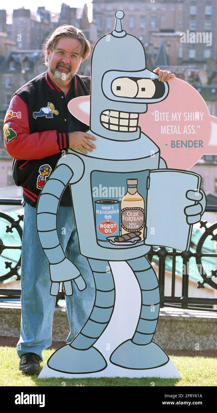 Matt Groening, creator of The Simpsons with Bender from his new series Futurama, in Edinburgh this morning. ( Saturday 26/8/99) Stock Photo