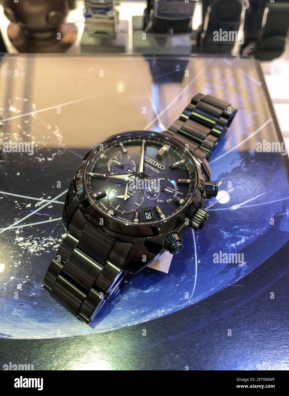 Alicante, Spain - April, 2021: The world first GPS solar man watch Seiko Astron on boutique display  Stock Photo