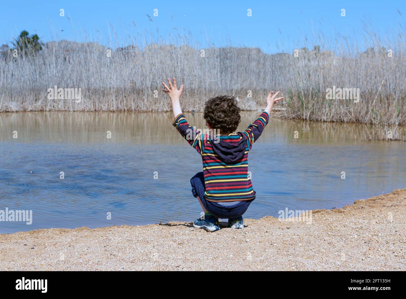 Little boy crouched at the edge of the pond with curly hair and colored striped polo shirt, playing with his arms raised. Stock Photo