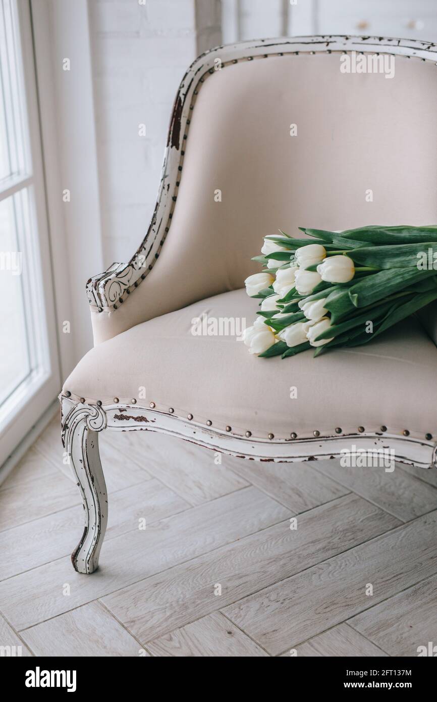 Romantic wedding bouquet of white tulips. Spring flowers Stock Photo