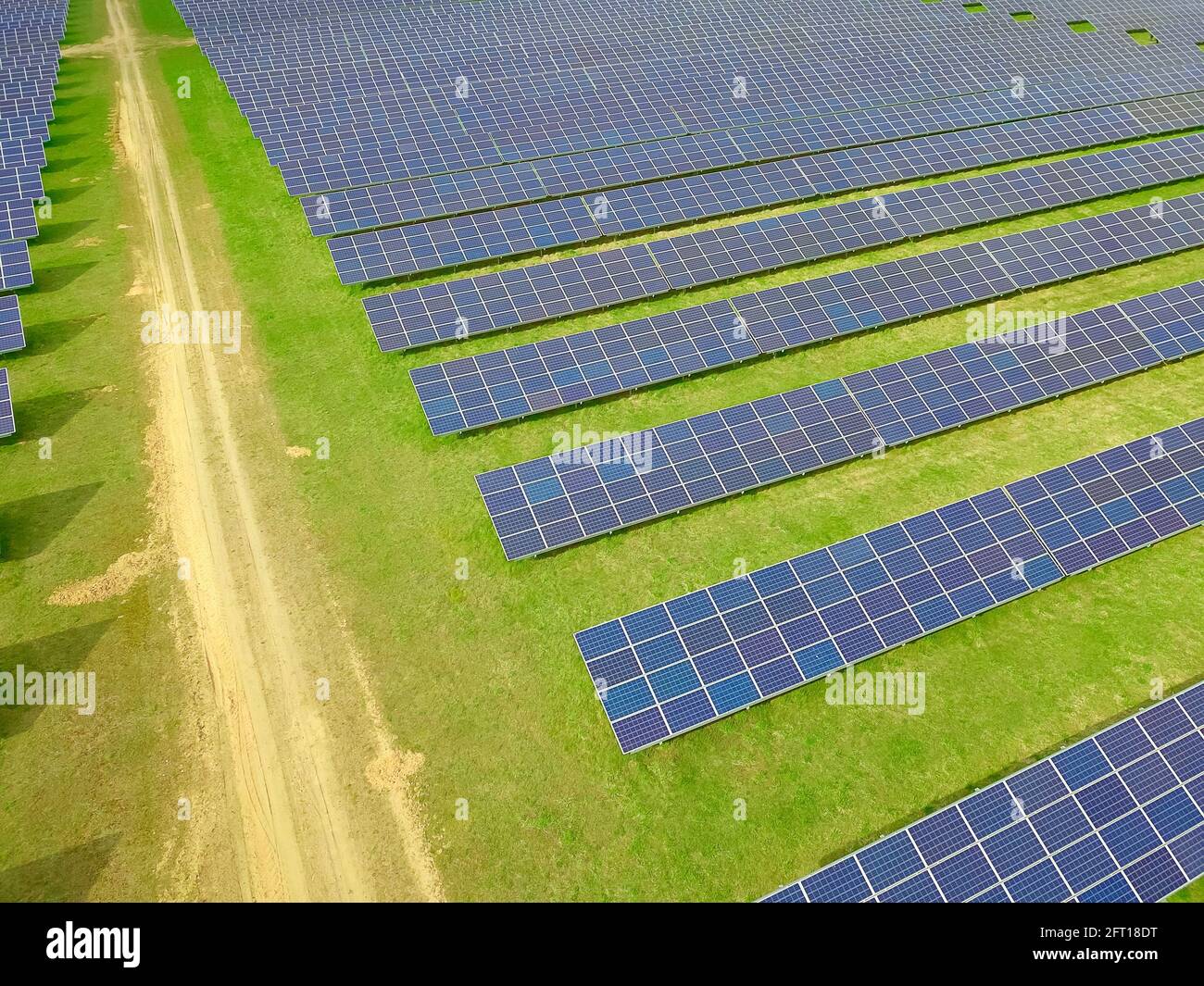 Drone view of a solar power plant on a sunny day. Solar farm system ...