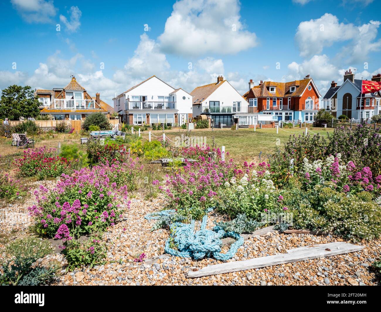 Beach Houses, Pevensey Bay, England. Beachfront homes on the pebble