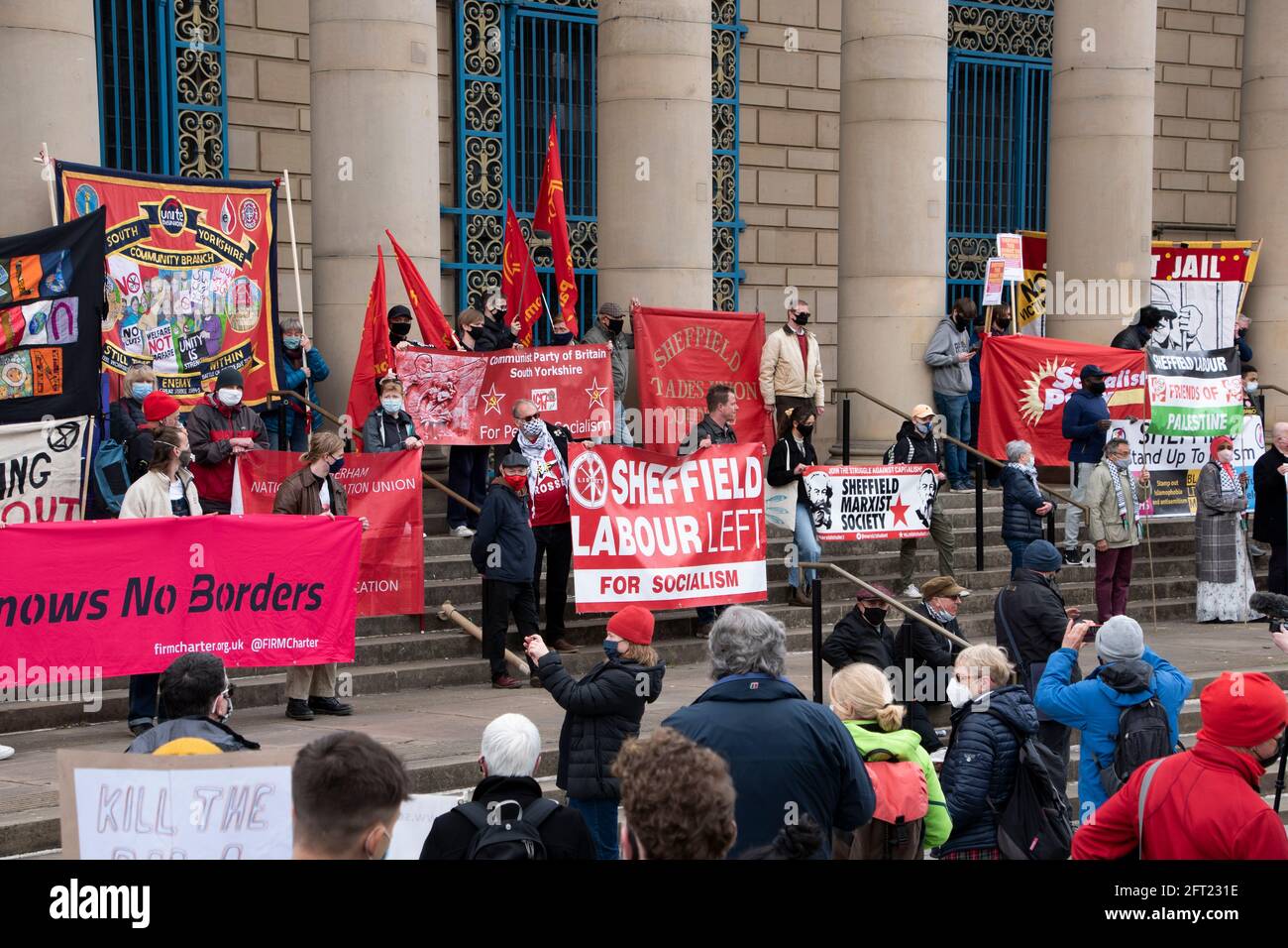 Sheffield, UK: 1st May 2021 : Protestors listen to speakers on the steps at City Hall on the International Day of Workers and Kill the Bill protest, B Stock Photo