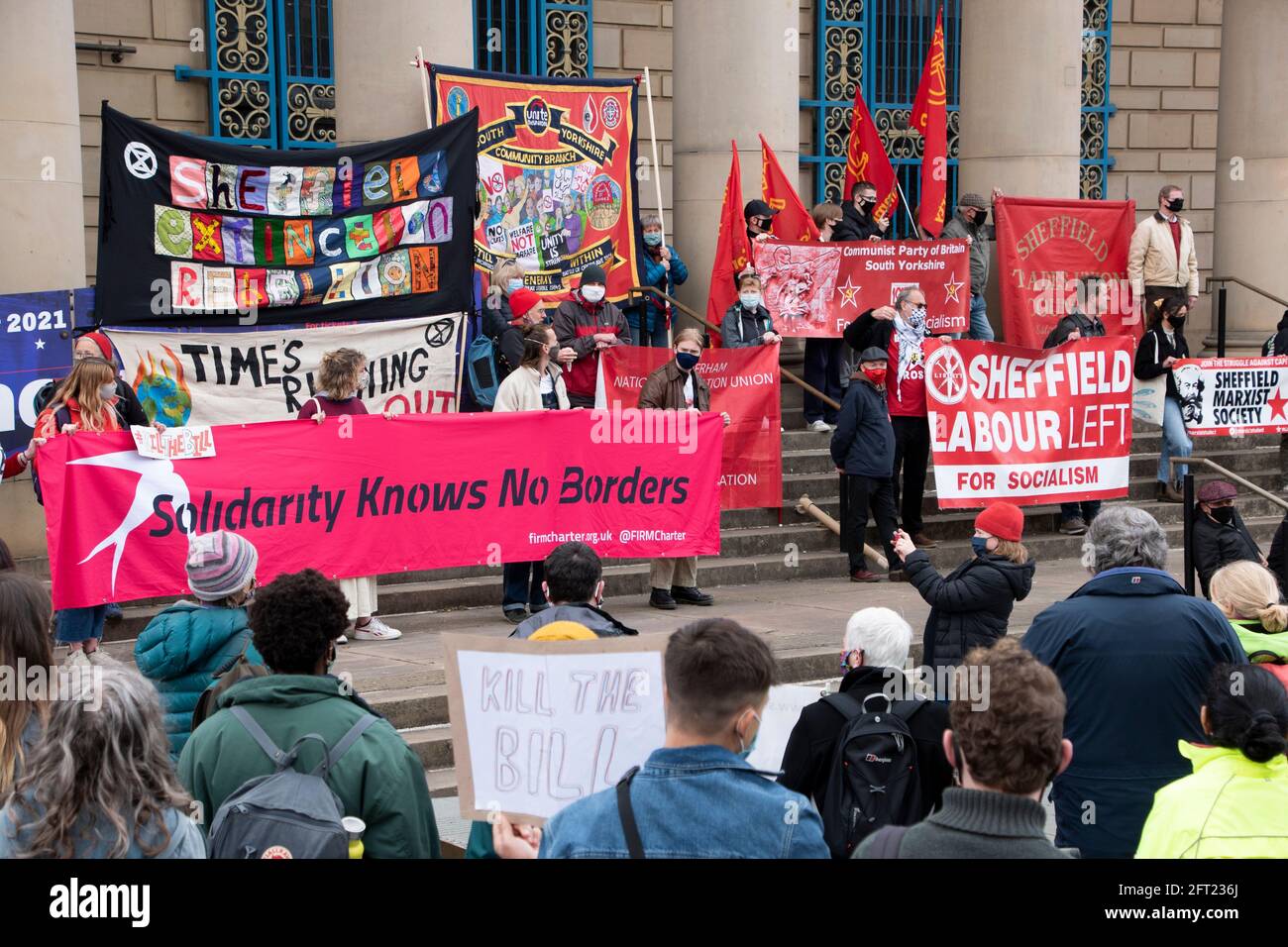 Sheffield, UK: 1st May 2021 :  International Day of Workers and Kill the Bill protestors against criminalisation of protest in Police, Crime, Sentenci Stock Photo