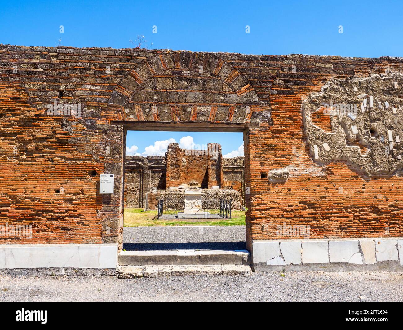 The Temple of the Genius Augusti, built upon the requests of Mamia, mentioned in an inscription as priestess of Cerere and of the Genius of Augustus.  Built i the first decade of the 1st century AD - Pompeii archaeological site, Italy Stock Photo