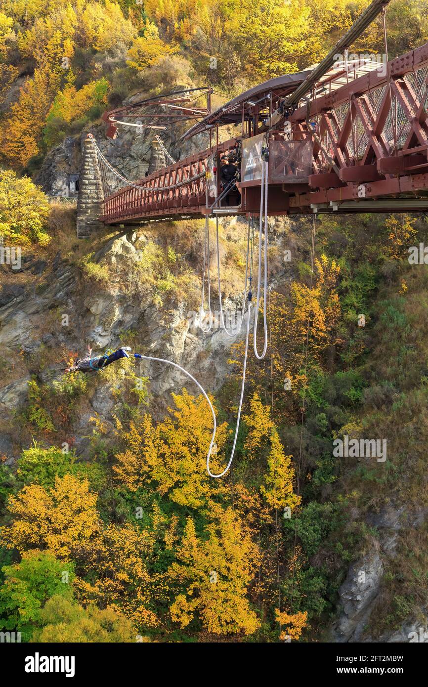 Bungy jumping from the Kawarau Suspension Bridge, New Zealand, in