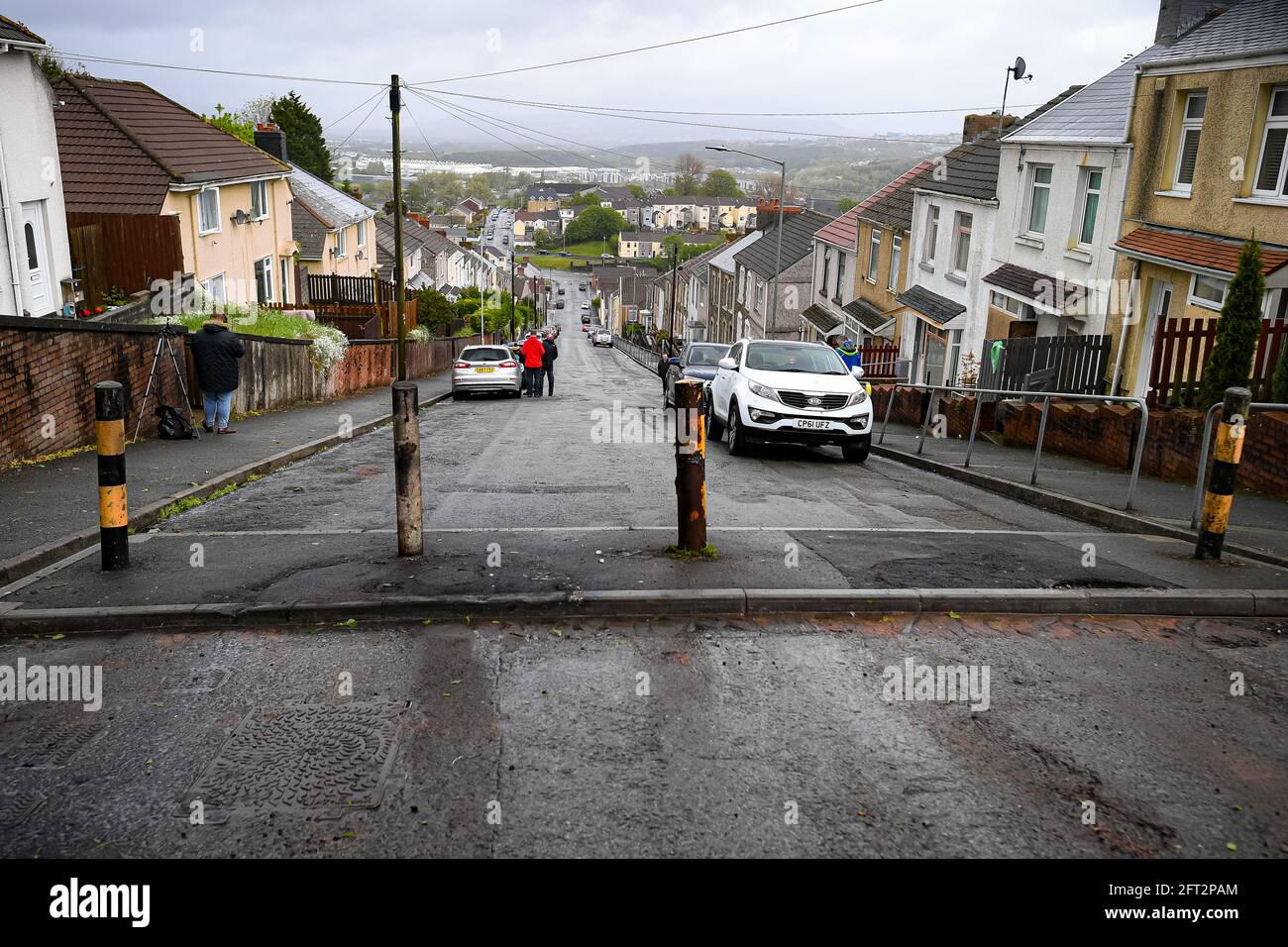 Traffic bollards at the top of Waun Wen Road, Swansea, where large
