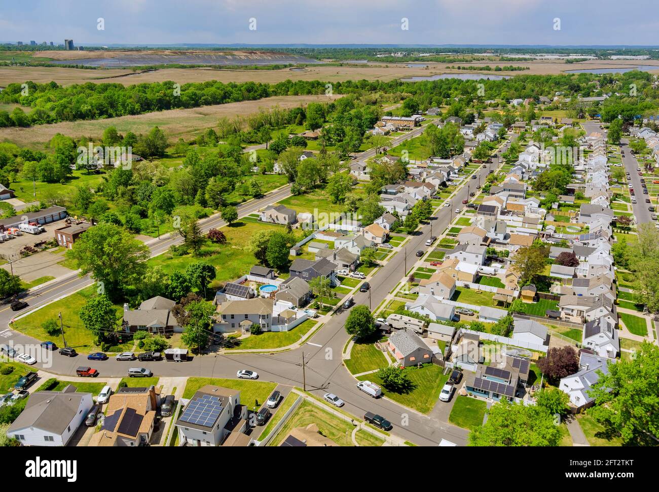 Aerial view suburban houses new development area hires stock