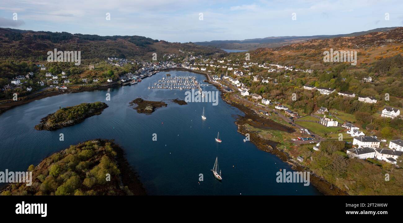 Aerial panoramic view of Tarbert harbour, Kintyre peninsula, Argyll