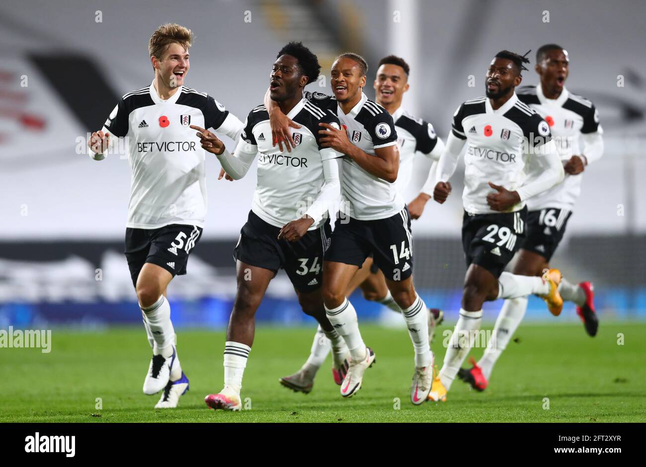 File photo dated 02-11-2020 of Fulham's Ola Aina celebrating scoring their side's second goal of the game against West Bromwich Albion at Craven Cottage, London. Issue date: Friday May 21, 2021. Stock Photo