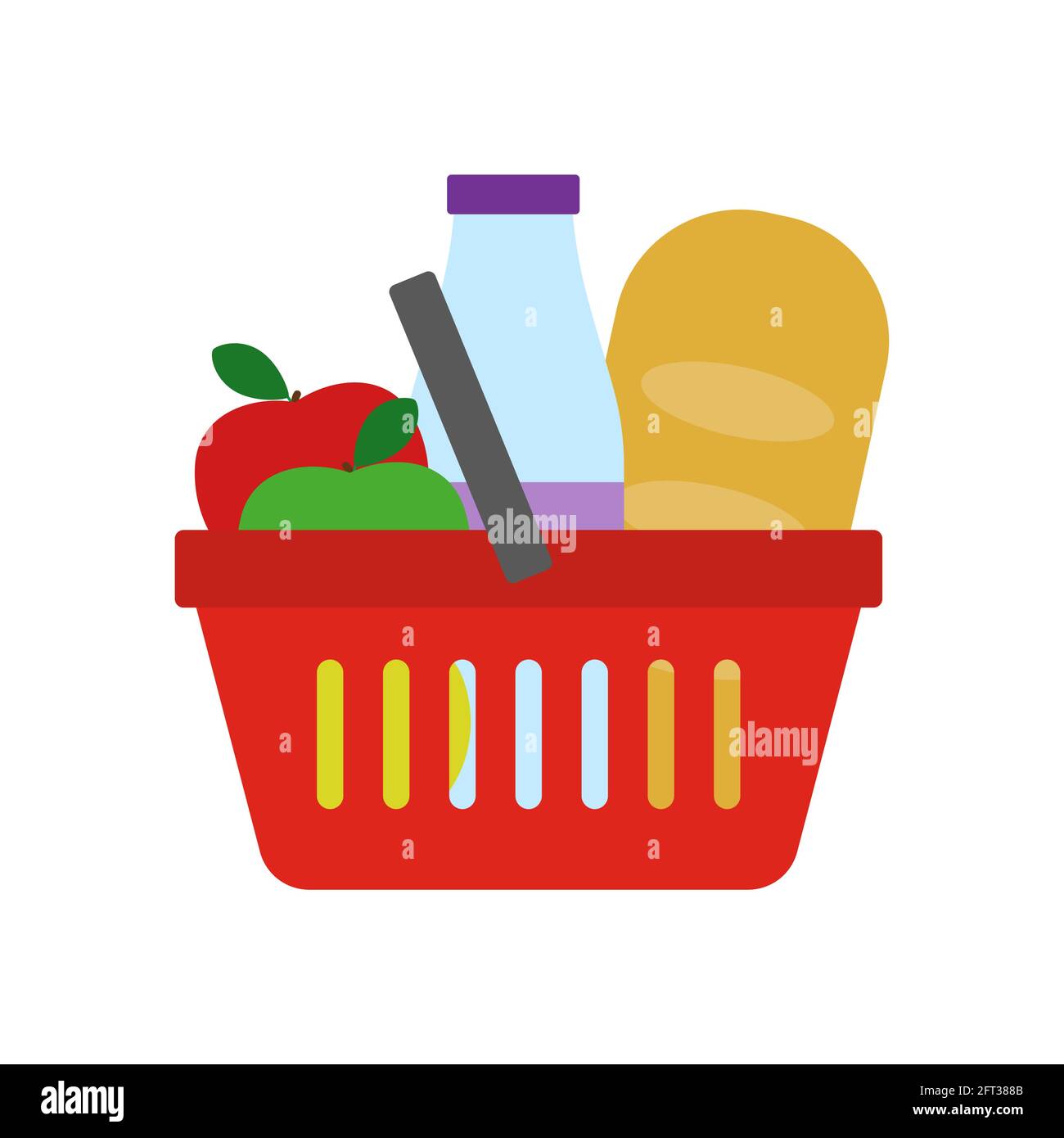 Grocery food basket. Red plastic basket with white bread, milk bottle