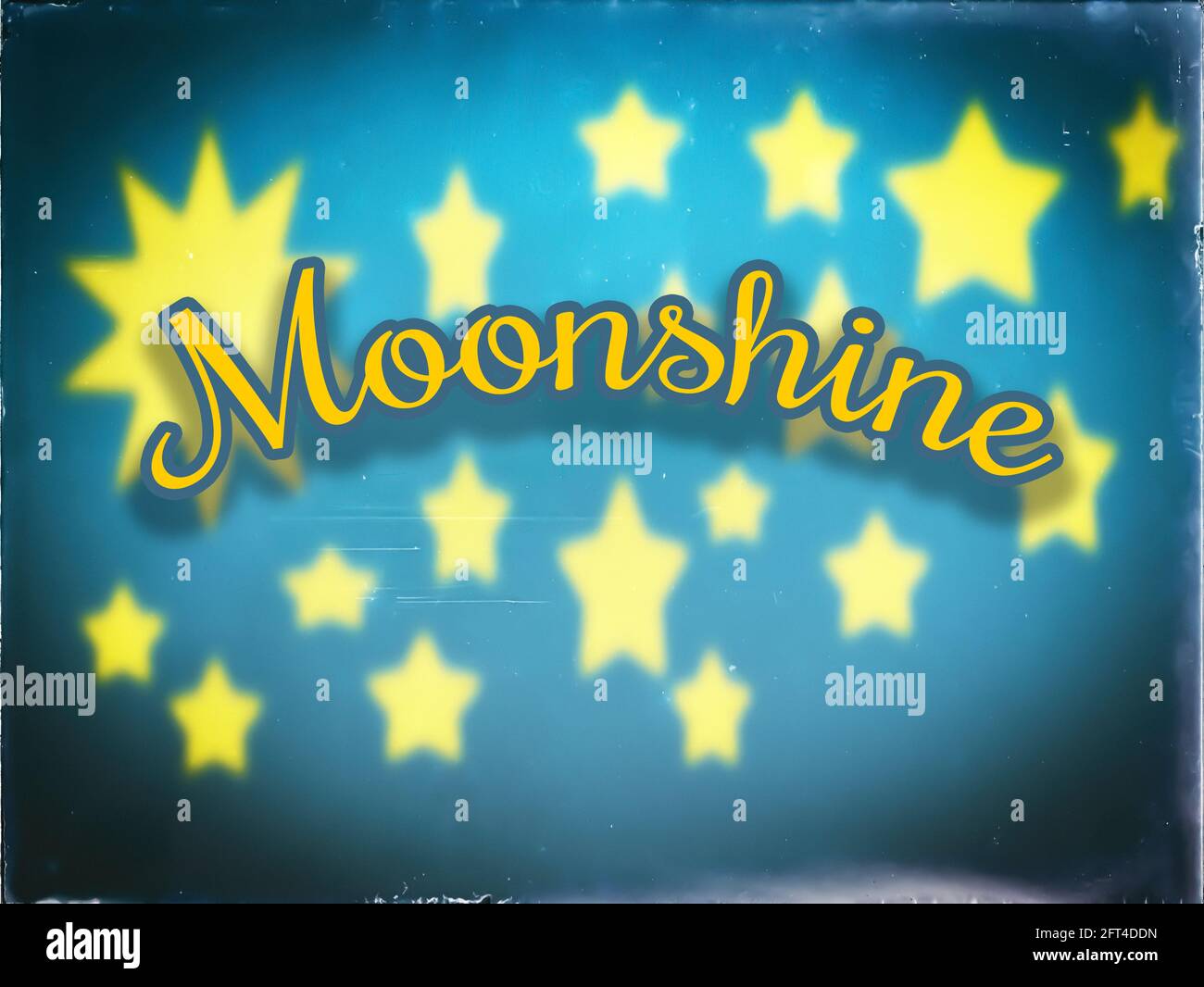 Moonshine displayed on a blue vintage background with golden stars and cursive font Stock Photo