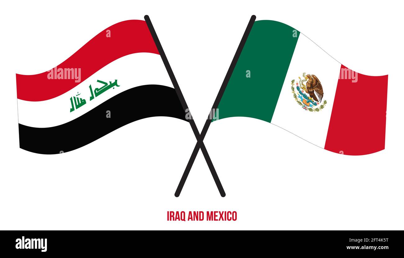 Iraq and Mexico Flags Crossed And Waving Flat Style. Official Proportion. Correct Colors. Stock Vector