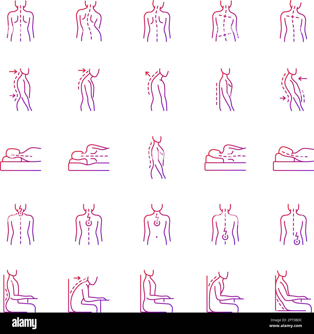 Back and posture problems gradient linear vector icons set. Spinal ...