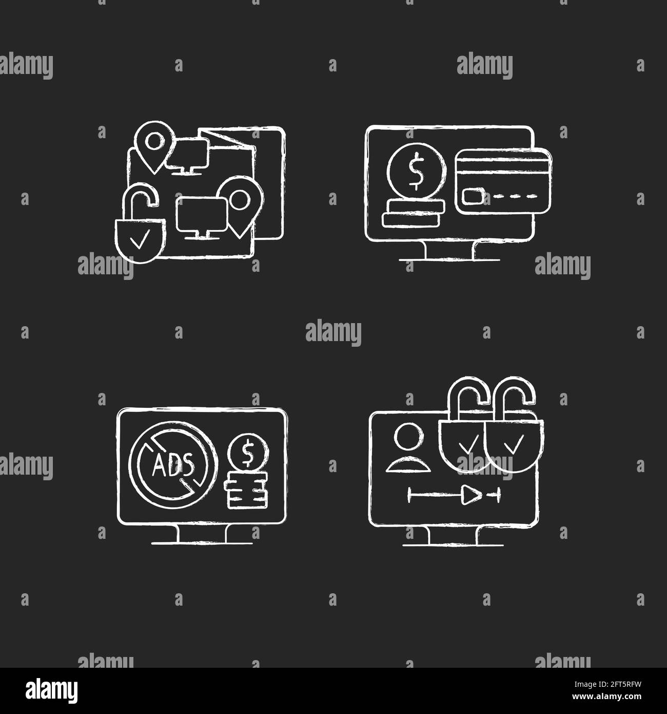 Broadcasting services chalk white icons set on black background Stock Vector