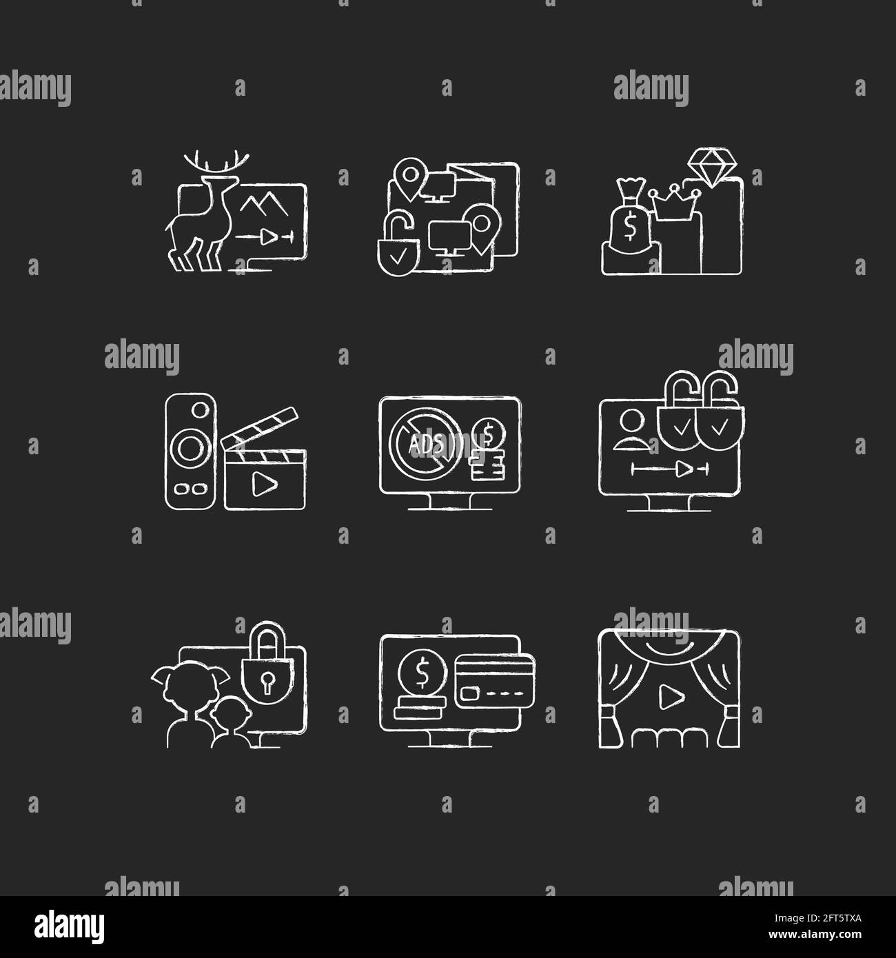 Broadcasting services chalk white icons set on black background Stock Vector