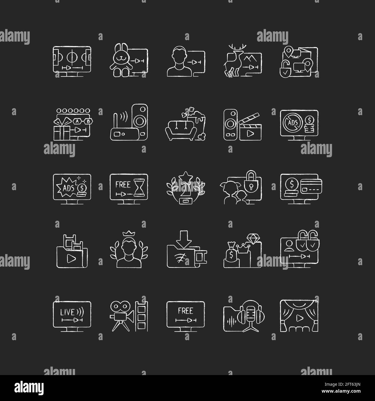 Streaming services chalk white icons set on black background Stock ...
