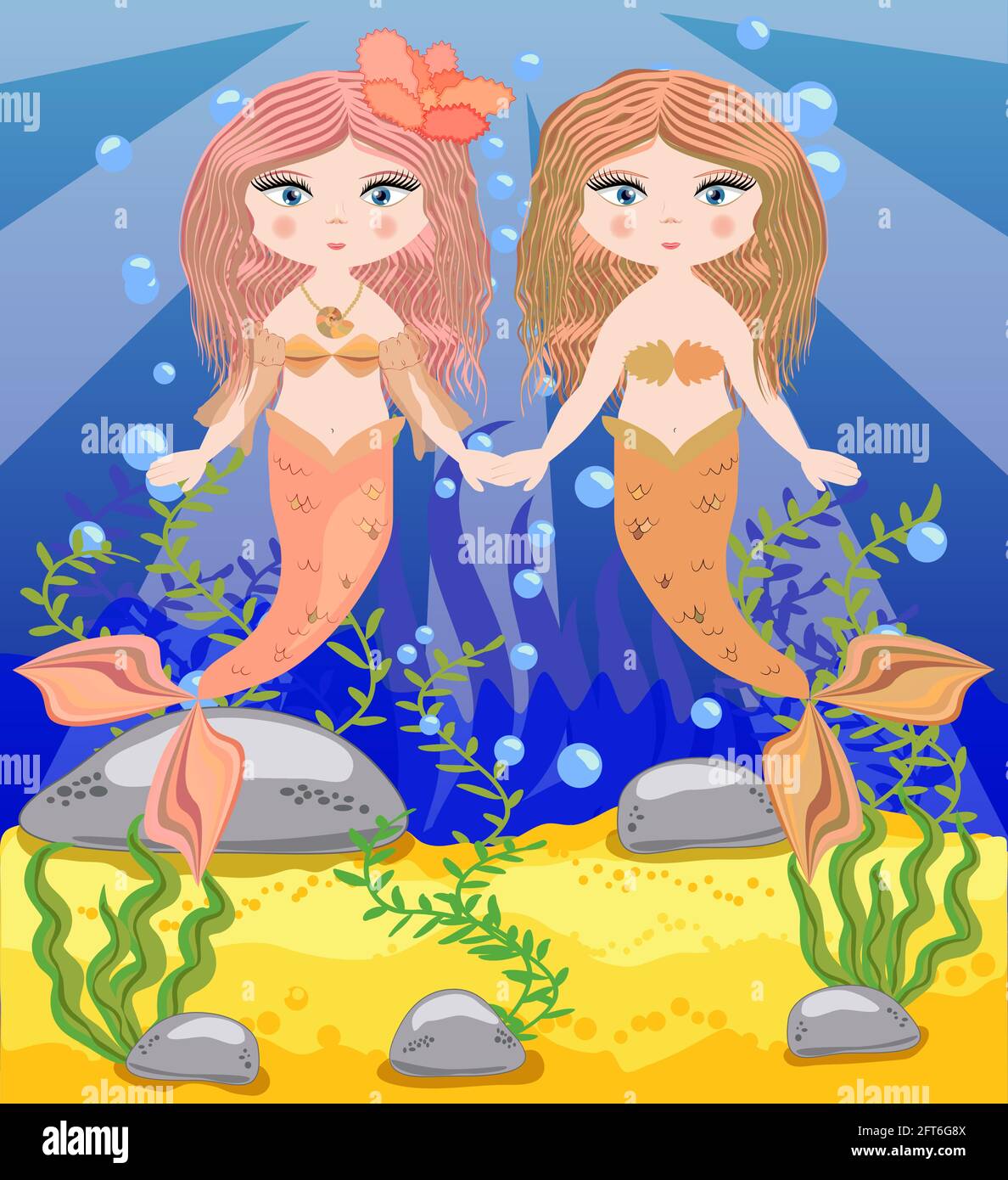 background with an underwater world in a children's style. Two mermaids hold hands, friends, sisters, beloved. gold on the bottom of the sea. Seabed i Stock Vector