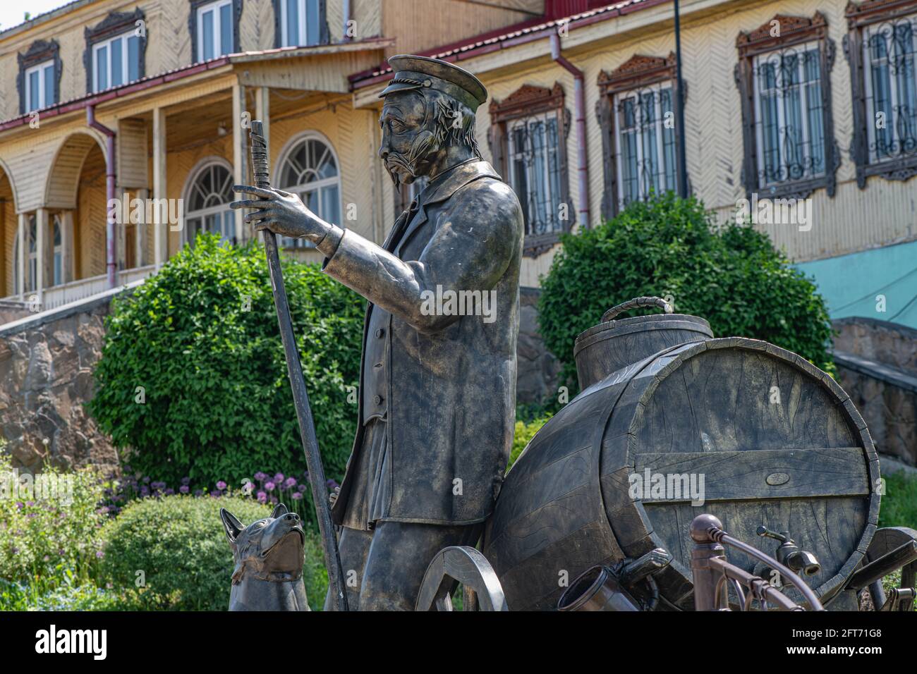 KOLOMNA, RUSSIA - MAY, 30, 2020: Monument to Kolomna water carrier with barrel, scale and dog in Kolomna, Russia Stock Photo