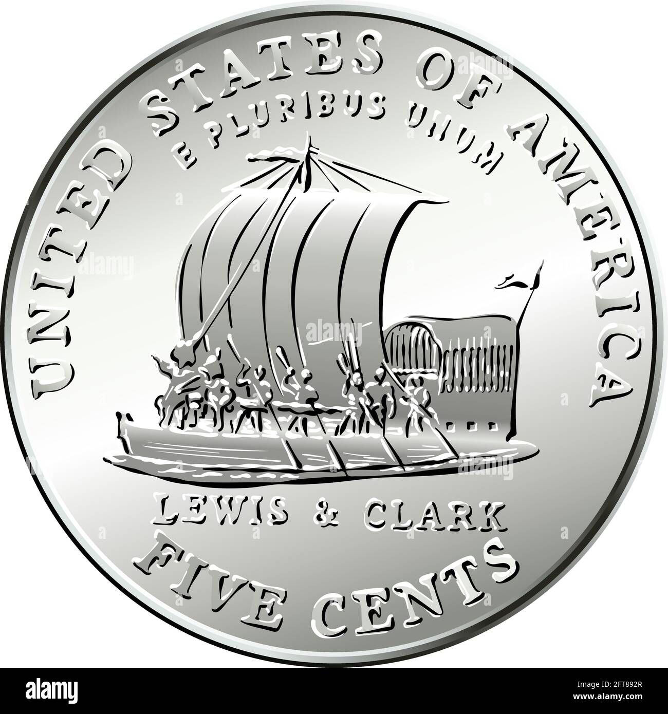 Jefferson nickel, American money, USA five-cent coin with keelboat of Lewis and Clark Expedition on reverse in honor of bicentennial of Expedition Stock Vector