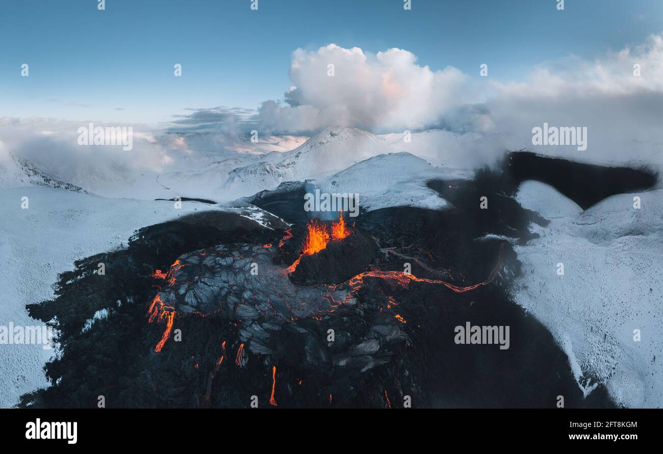 Iceland Volcanic eruption 2021. The volcano Fagradalsfjall is located in the valley Geldingadalir close to Grindavik and Reykjavik. Hot lava and magma Stock Photo